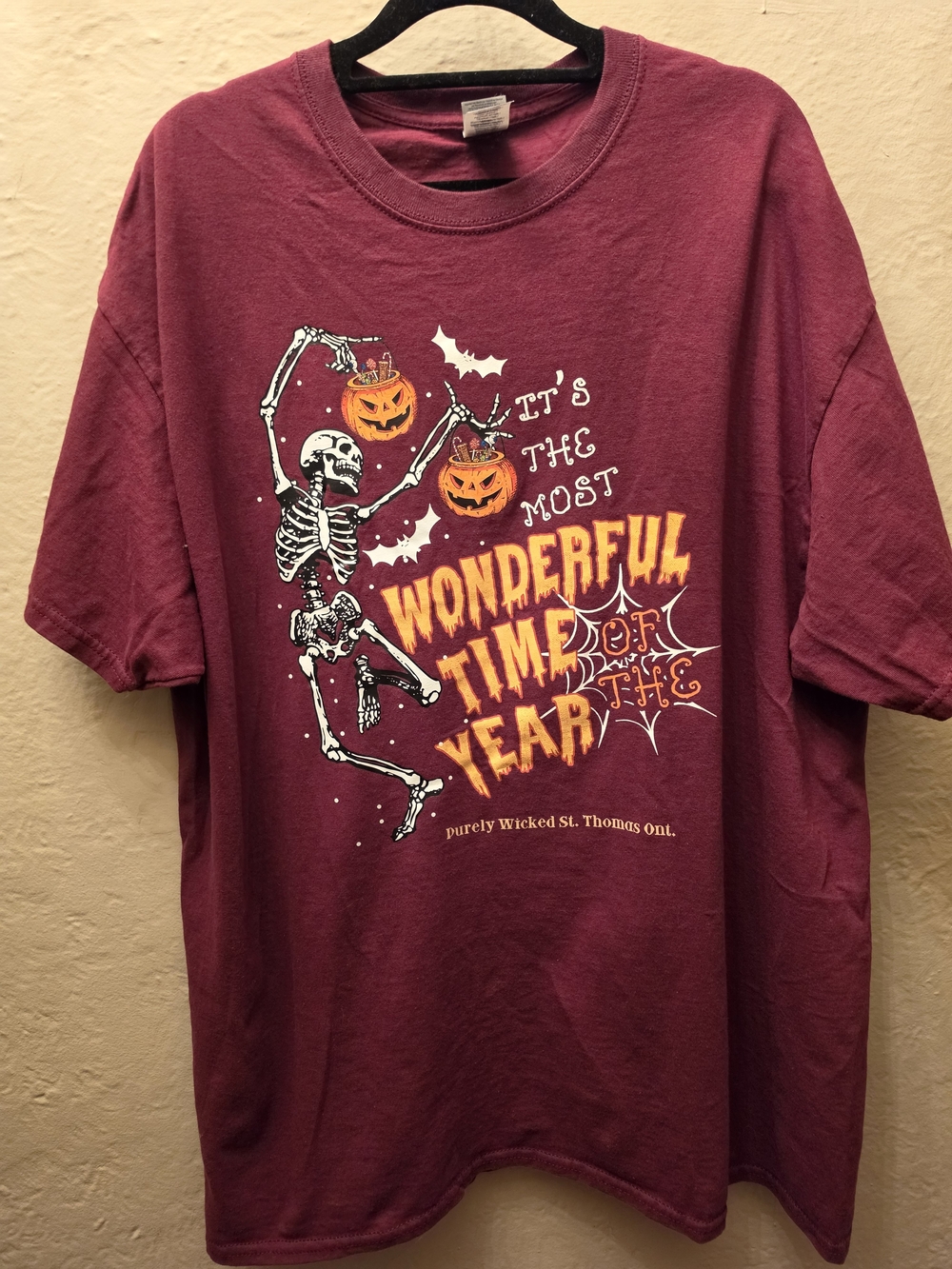 Gildan Halloween Skeleton Pumpkin Graphic Tee XL Burgundy